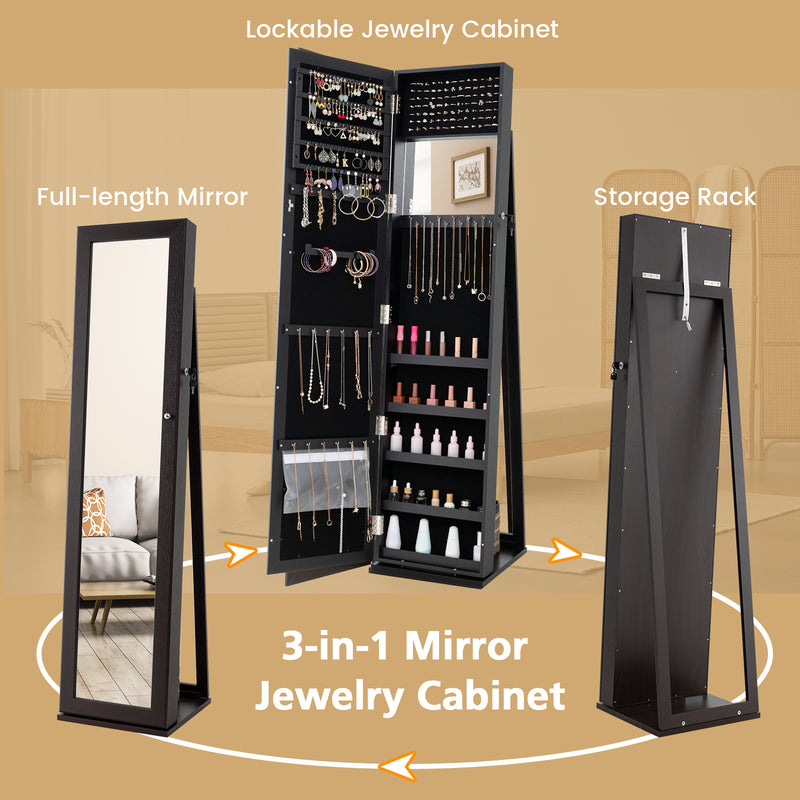 Standing Lockable Jewelry Storage Organizer with Full-Length Mirror-Coffee