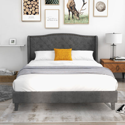 Full/Queen Size Upholstered Platform Bed Frame with Button Tufted Headboard-Queen Size