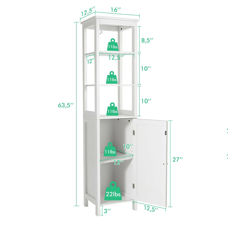 Freestanding Storage Cabinet With 3-Tier Shelf and Door for Bathroom-White