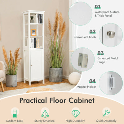 Freestanding Storage Cabinet With 3-Tier Shelf and Door for Bathroom-White