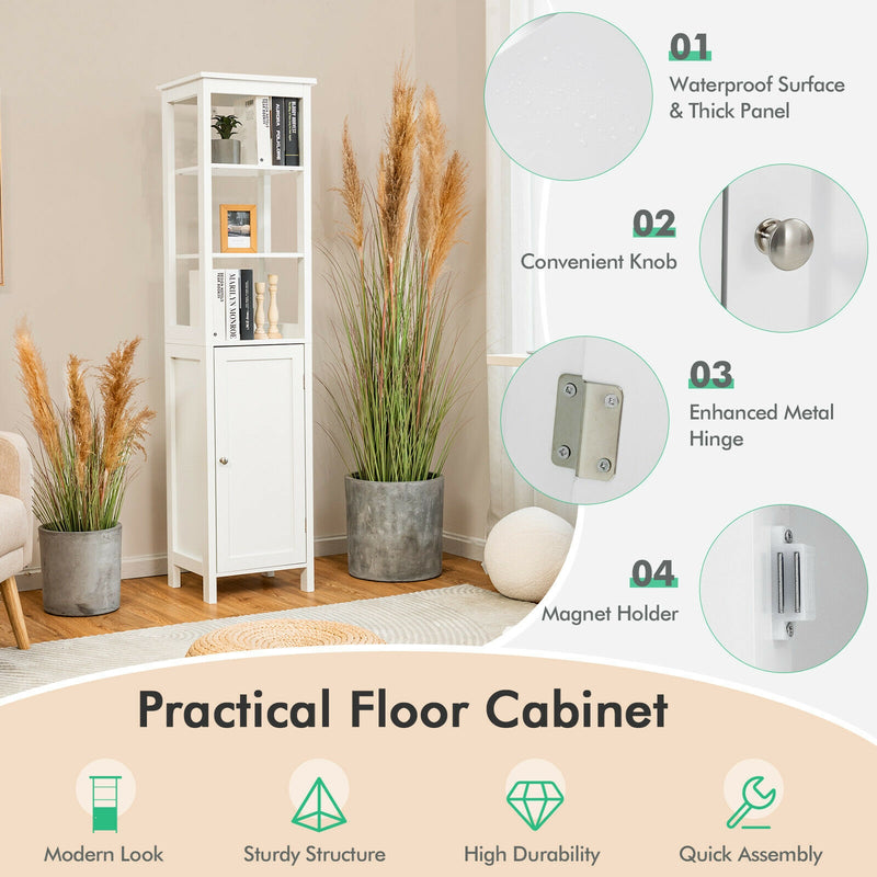 Freestanding Storage Cabinet With 3-Tier Shelf and Door for Bathroom-White