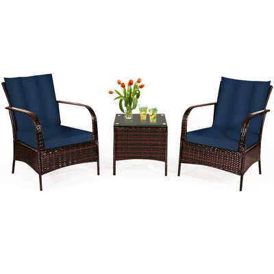 3 Pieces Patio Conversation Rattan Furniture Set with Cushions-Navy