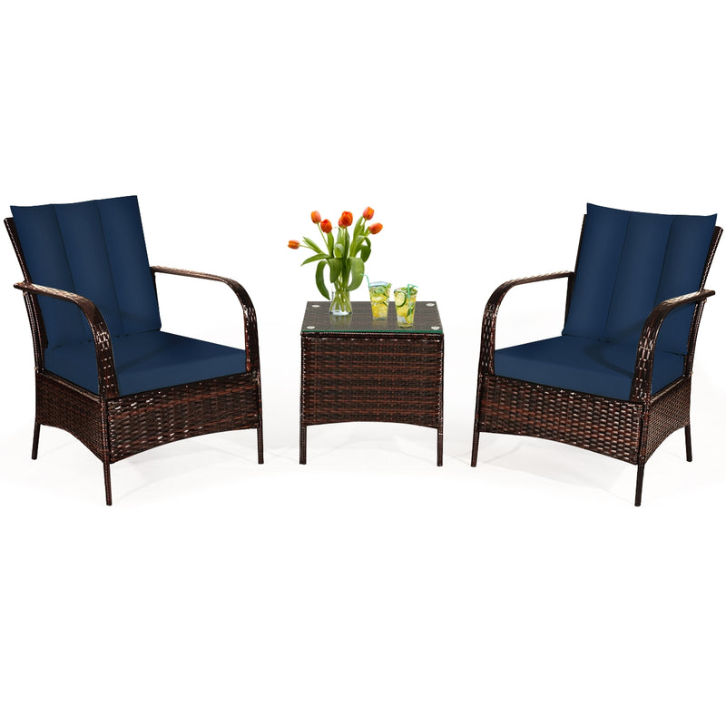 3 Pieces Patio Conversation Rattan Furniture Set with Cushions-Navy