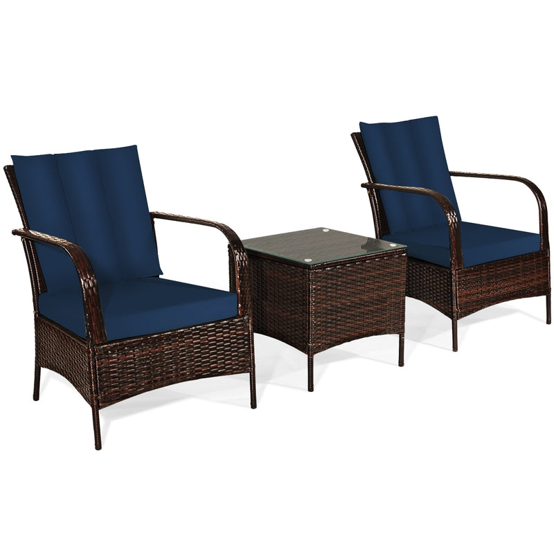 3 Pieces Patio Conversation Rattan Furniture Set with Cushions-Navy