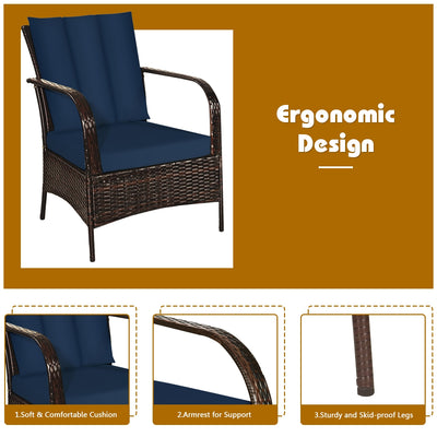 3 Pieces Patio Conversation Rattan Furniture Set with Cushions-Navy
