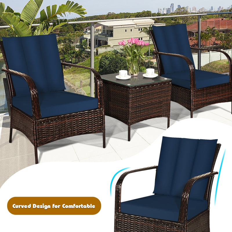 3 Pieces Patio Conversation Rattan Furniture Set with Cushions-Navy