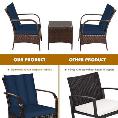 3 Pieces Patio Conversation Rattan Furniture Set with Cushions-Navy
