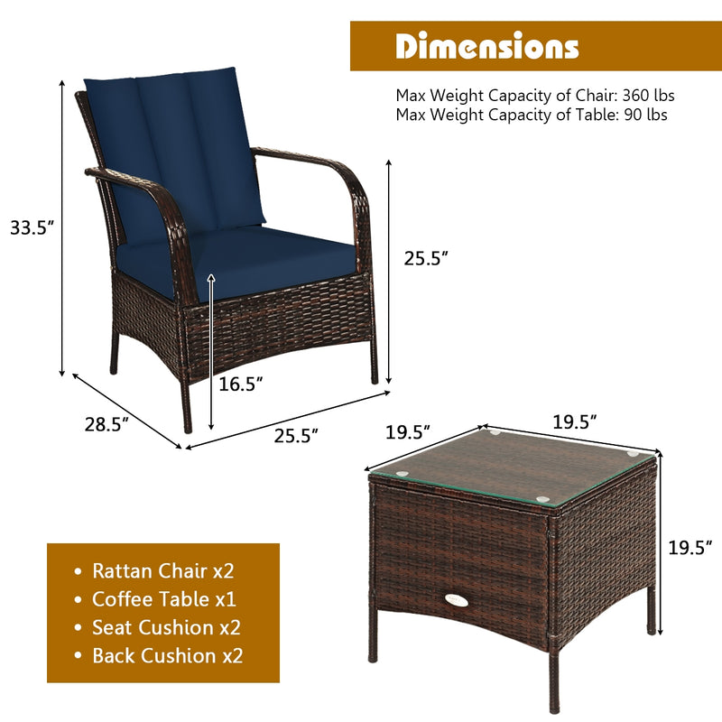 3 Pieces Patio Conversation Rattan Furniture Set with Cushions-Navy