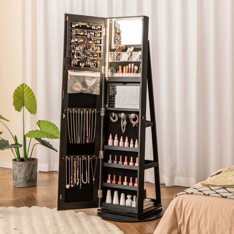 360° Rotating Mirrored Jewelry Cabinet Armoire 3 Color LED Modes Lockable-Black
