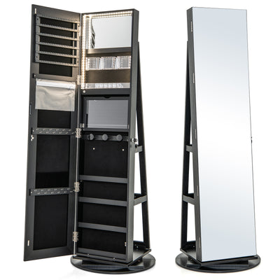 360° Rotating Mirrored Jewelry Cabinet Armoire 3 Color LED Modes Lockable-Black