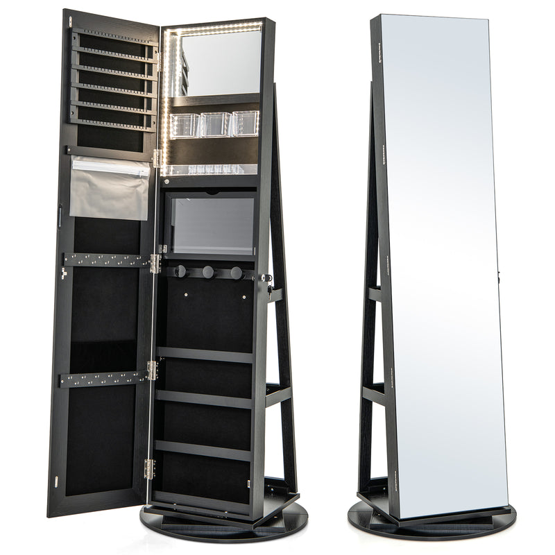 360° Rotating Mirrored Jewelry Cabinet Armoire 3 Color LED Modes Lockable-Black