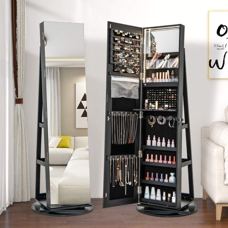 360° Rotating Mirrored Jewelry Cabinet Armoire 3 Color LED Modes Lockable-Black