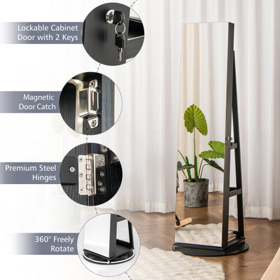 360° Rotating Mirrored Jewelry Cabinet Armoire 3 Color LED Modes Lockable-Black