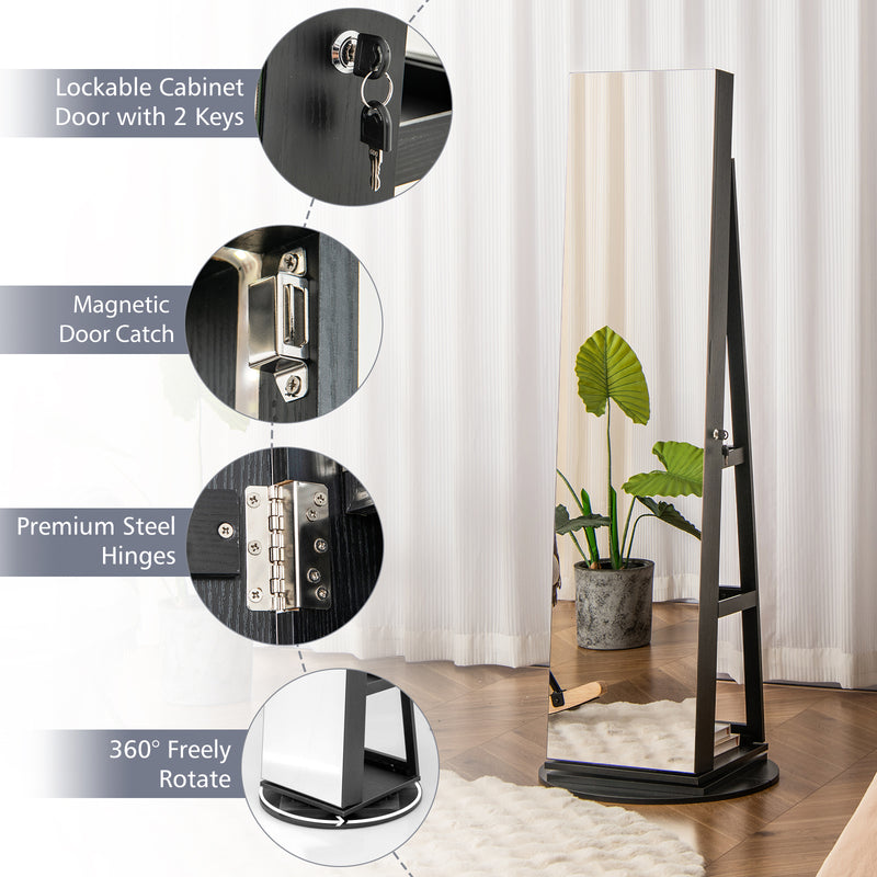 360° Rotating Mirrored Jewelry Cabinet Armoire 3 Color LED Modes Lockable-Black