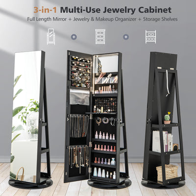360° Rotating Mirrored Jewelry Cabinet Armoire 3 Color LED Modes Lockable-Black