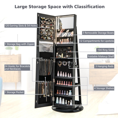 360° Rotating Mirrored Jewelry Cabinet Armoire 3 Color LED Modes Lockable-Black
