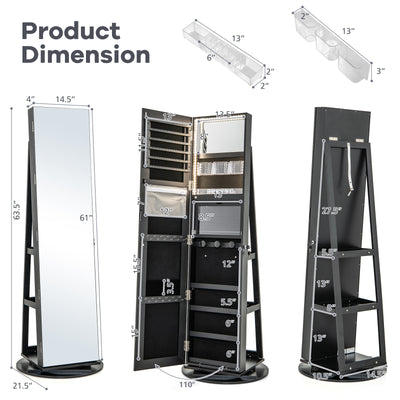 360° Rotating Mirrored Jewelry Cabinet Armoire 3 Color LED Modes Lockable-Black
