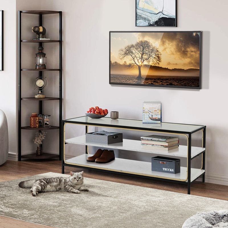 3-Tier TV Stand for TVs up to 50 Inch with Tempered Glass Top-White