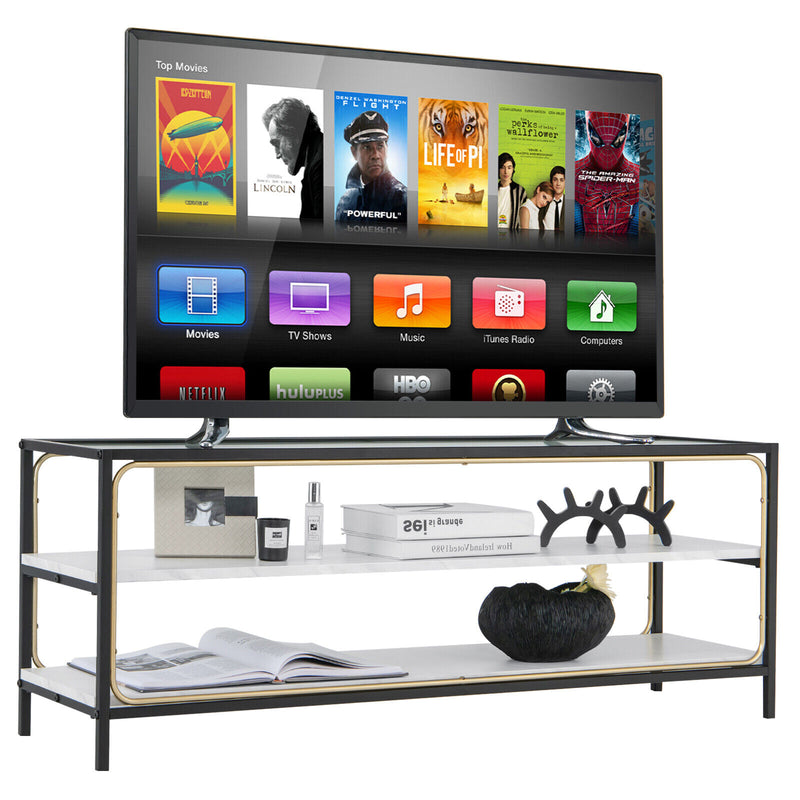 3-Tier TV Stand for TVs up to 50 Inch with Tempered Glass Top-White