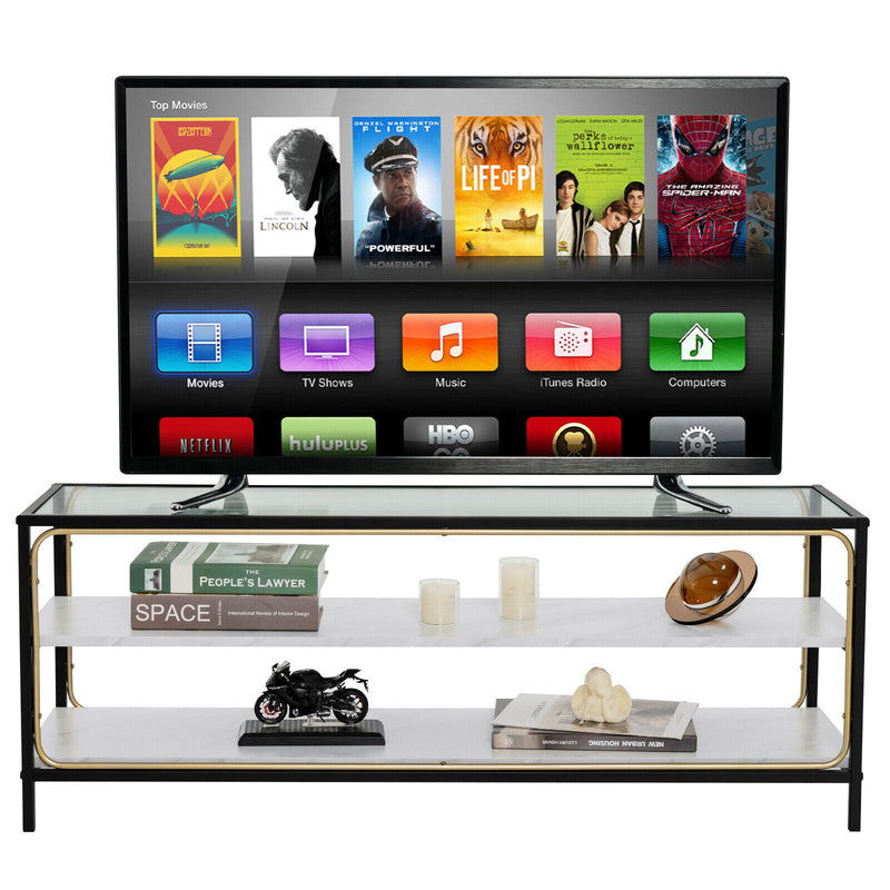 3-Tier TV Stand for TVs up to 50 Inch with Tempered Glass Top-White