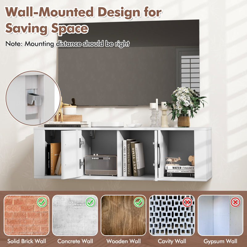 Wall Mounted Floating 2 Door Desk Hutch Storage Shelves-White