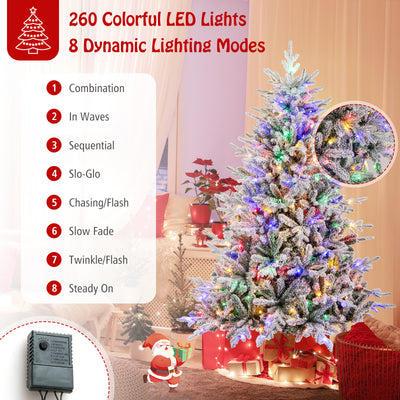 6 Feet Flocked Christmas Tree with 8 Lighting Modes and Multi-Color LED Lights-6 ft