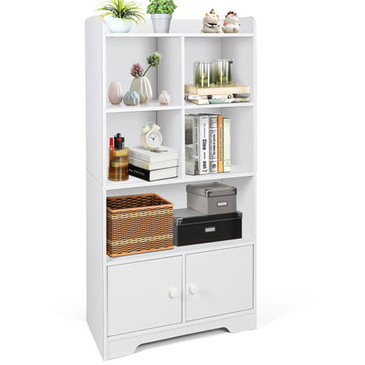 4 Tiers Bookshelf with 4 Cubes Display Shelf and 2 Doors-White