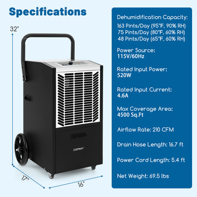 backordered- 163 Pints Commercial Dehumidifier Crawl Space Dehumidifier with Pump and Drain Hose-White