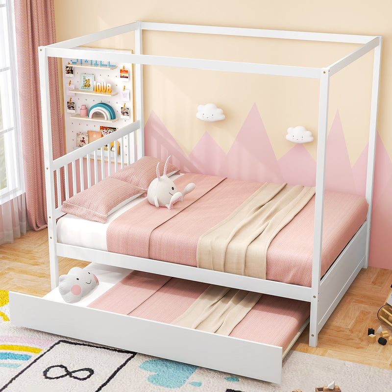 *Full Size Canopy Bed with Trundle Wooden Platform Bed Frame Headboard - White