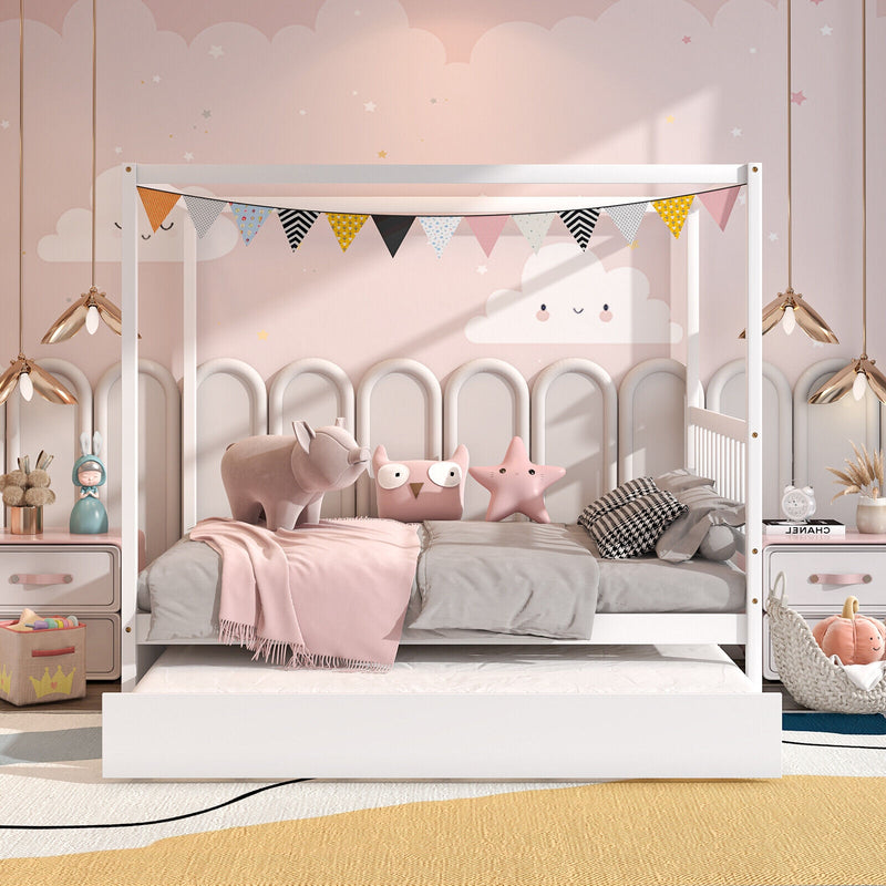 *Full Size Canopy Bed with Trundle Wooden Platform Bed Frame Headboard - White