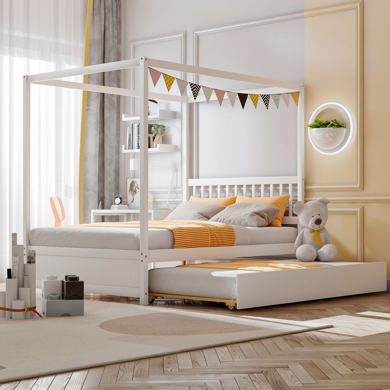 *Full Size Canopy Bed with Trundle Wooden Platform Bed Frame Headboard - White