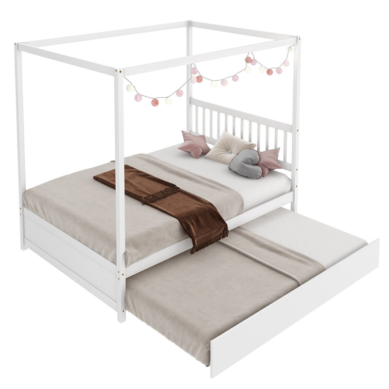 *Full Size Canopy Bed with Trundle Wooden Platform Bed Frame Headboard - White