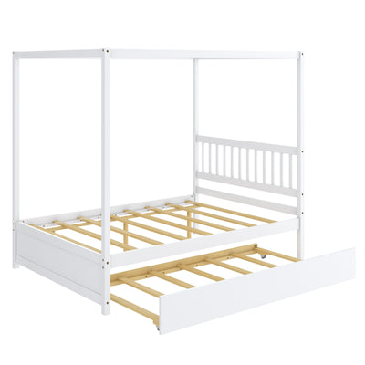 *Full Size Canopy Bed with Trundle Wooden Platform Bed Frame Headboard - White