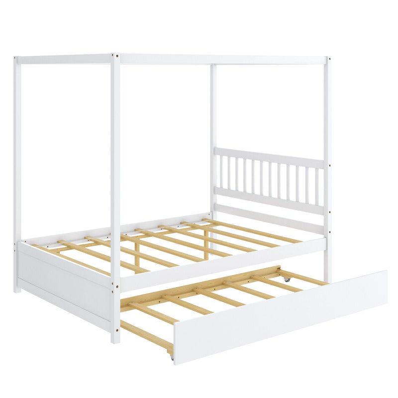 *Full Size Canopy Bed with Trundle Wooden Platform Bed Frame Headboard - White
