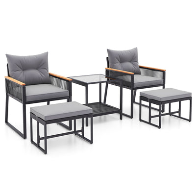 5 Piece Outdoor Rattan Conversation Set with 2-Layer Side Table and 2 Ottomans-Gray
