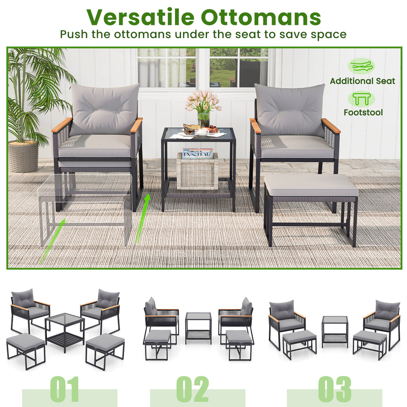 5 Piece Outdoor Rattan Conversation Set with 2-Layer Side Table and 2 Ottomans-Gray