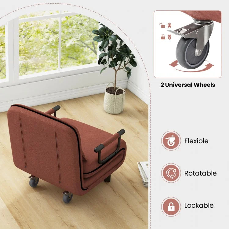 3 in 1 Convertible sofa bed with wheels and cushion (Brown)