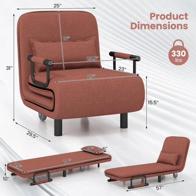 3 in 1 Convertible sofa bed with wheels and cushion (Brown)