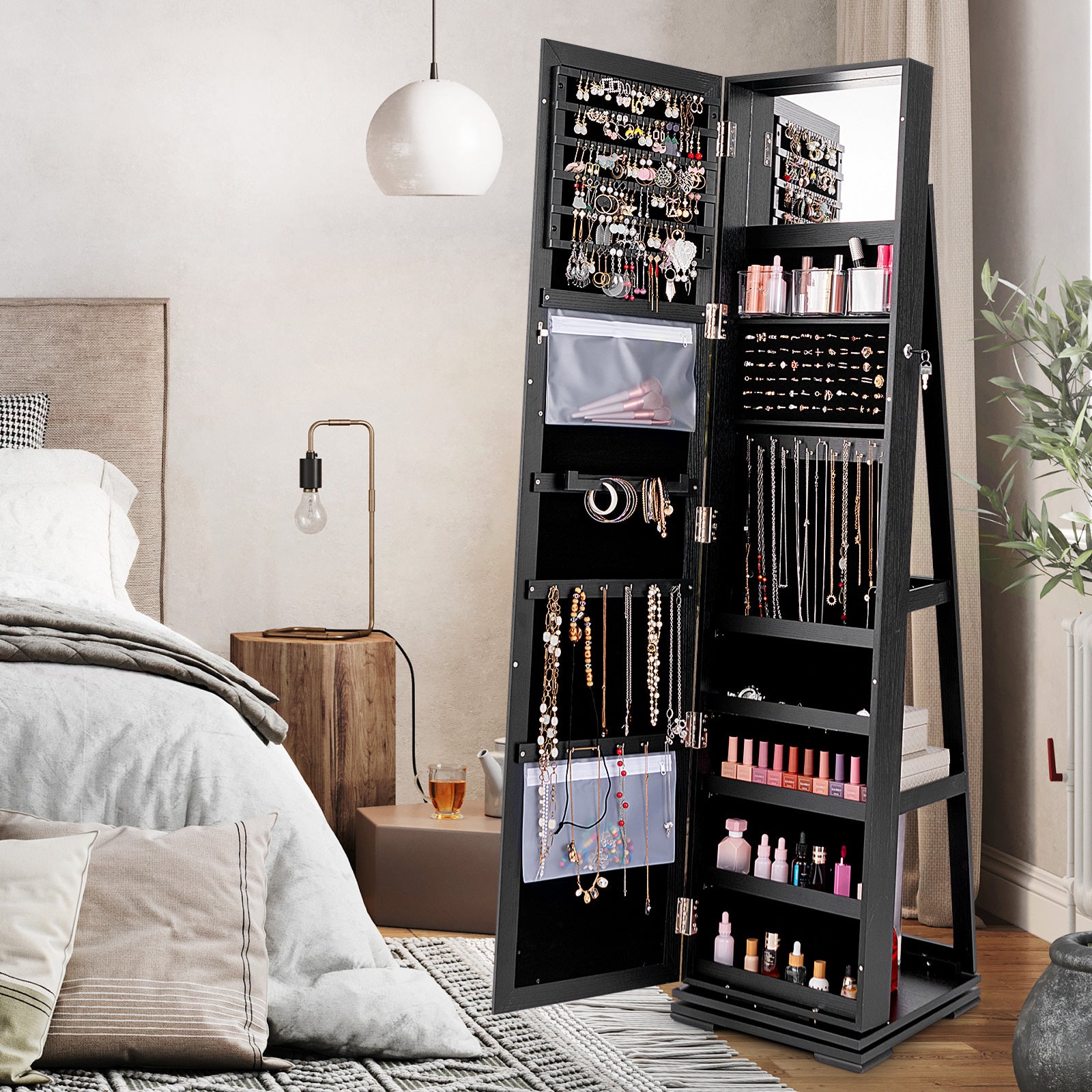 360° Rotatable 2-in-1 Lockable Jewelry Cabinet with Full-Length Mirror