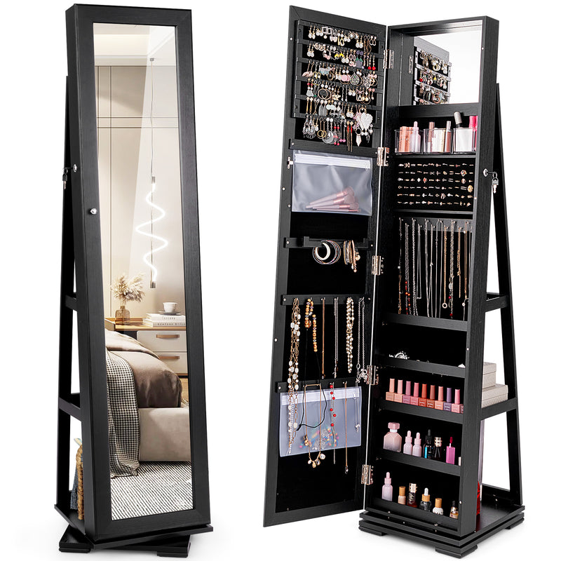 360° Rotatable 2-in-1 Lockable Jewelry Cabinet with Full-Length Mirror-Black