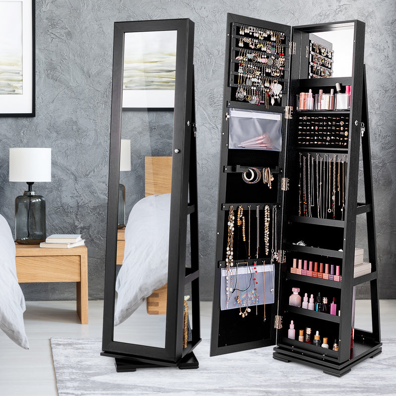 360° Rotatable 2-in-1 Lockable Jewelry Cabinet with Full-Length Mirror-Black