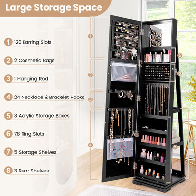 360° Rotatable 2-in-1 Lockable Jewelry Cabinet with Full-Length Mirror-Black
