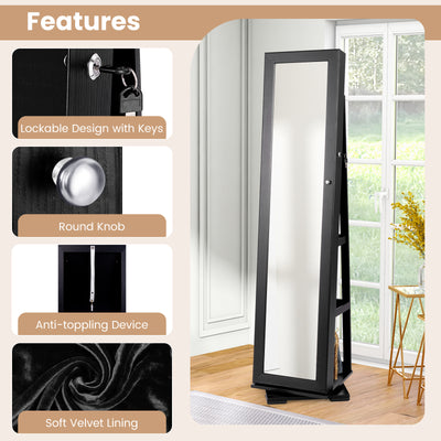 360° Rotatable 2-in-1 Lockable Jewelry Cabinet with Full-Length Mirror-Black