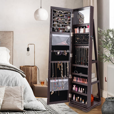 360° Rotatable 2-in-1 Lockable Jewelry Cabinet with Full-Length Mirror-Dark Brown