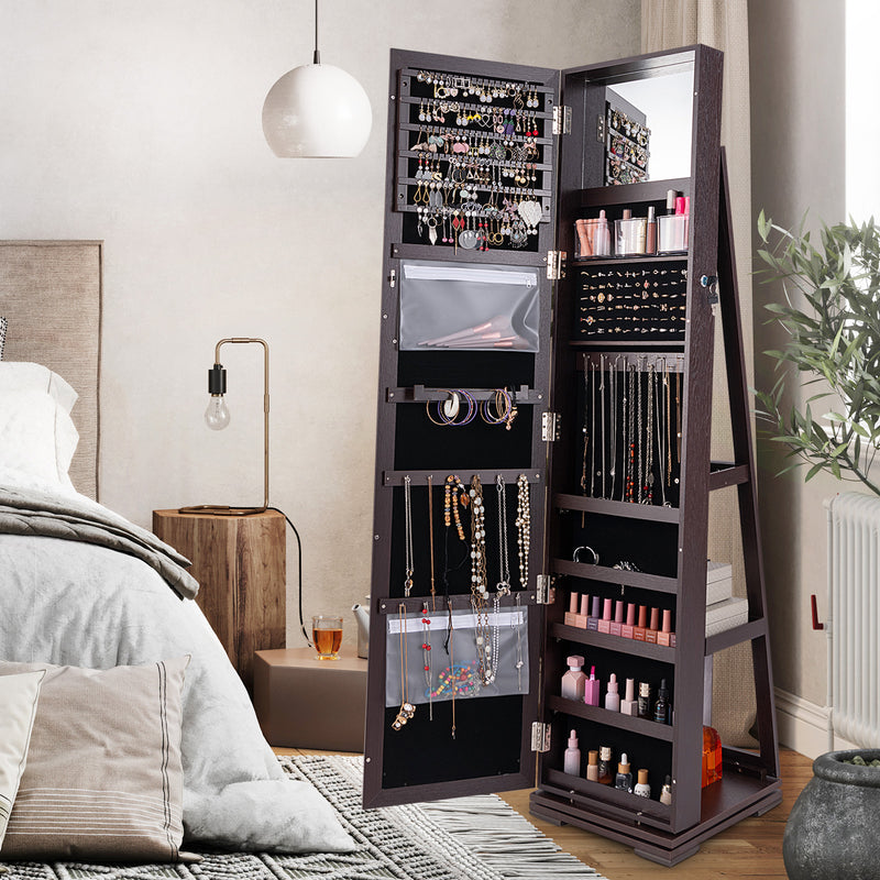 360° Rotatable 2-in-1 Lockable Jewelry Cabinet with Full-Length Mirror-Dark Brown