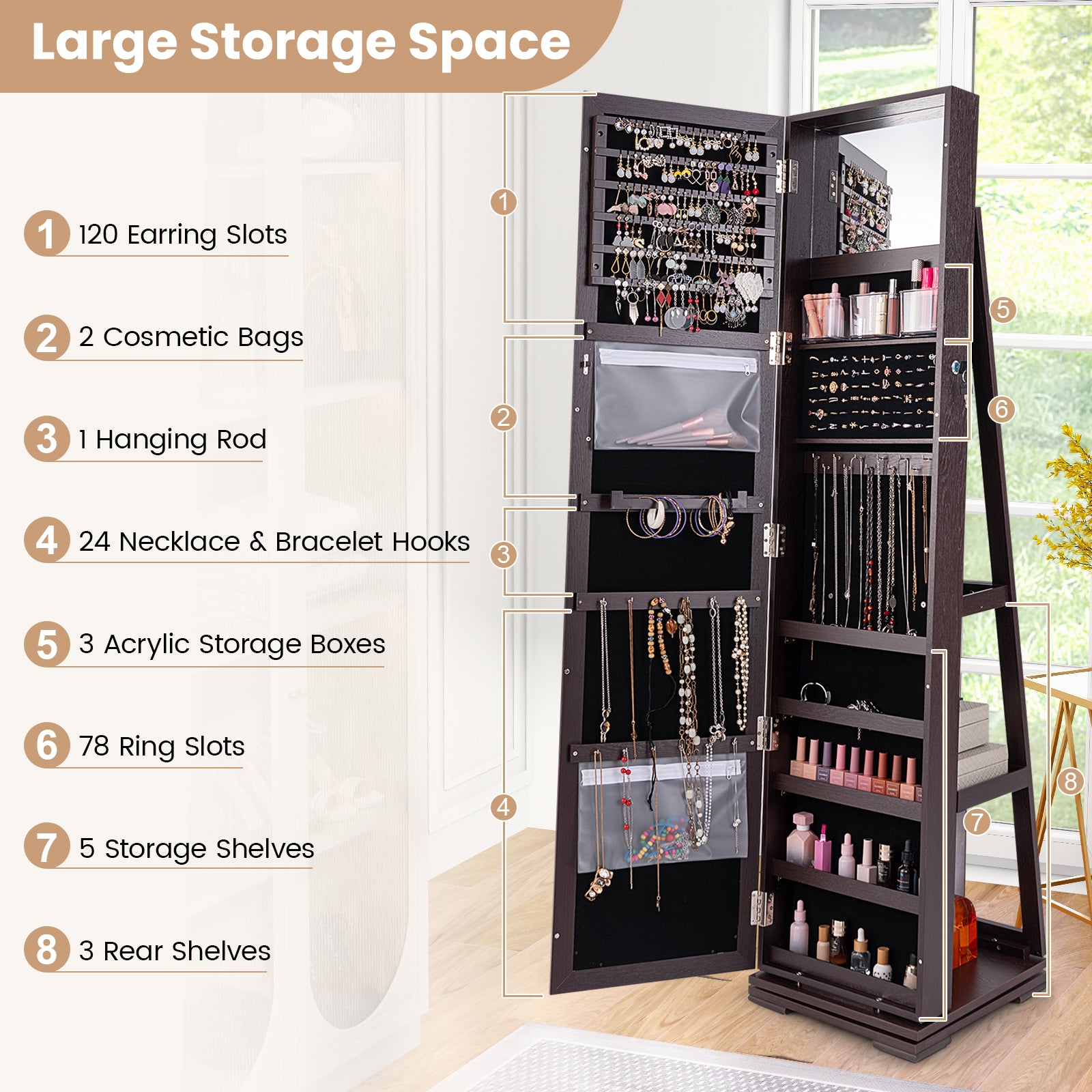 360° Rotatable 2-in-1 Lockable Jewelry Cabinet with Full-Length Mirror