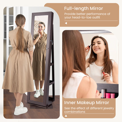 360° Rotatable 2-in-1 Lockable Jewelry Cabinet with Full-Length Mirror-Dark Brown