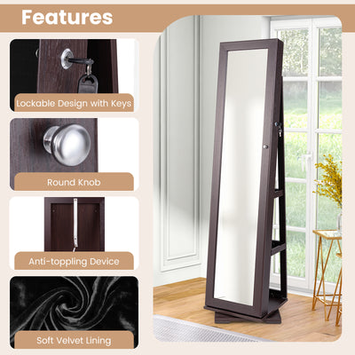 360° Rotatable 2-in-1 Lockable Jewelry Cabinet with Full-Length Mirror-Dark Brown