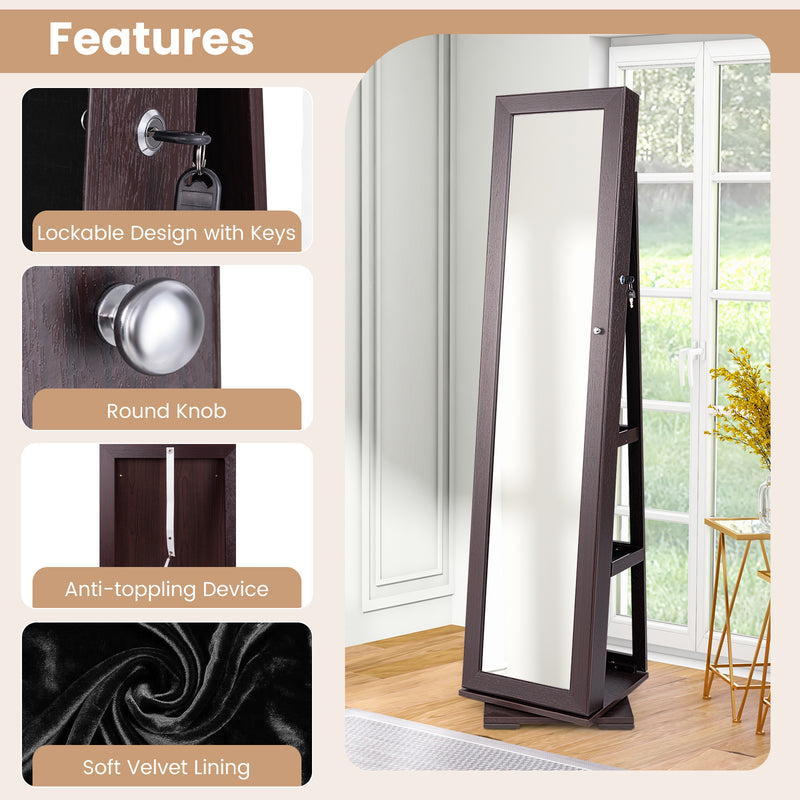 360° Rotatable 2-in-1 Lockable Jewelry Cabinet with Full-Length Mirror-Dark Brown