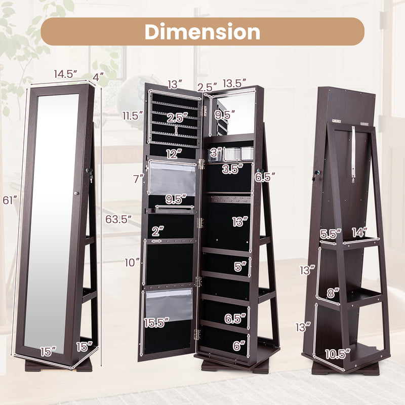 360° Rotatable 2-in-1 Lockable Jewelry Cabinet with Full-Length Mirror-Dark Brown